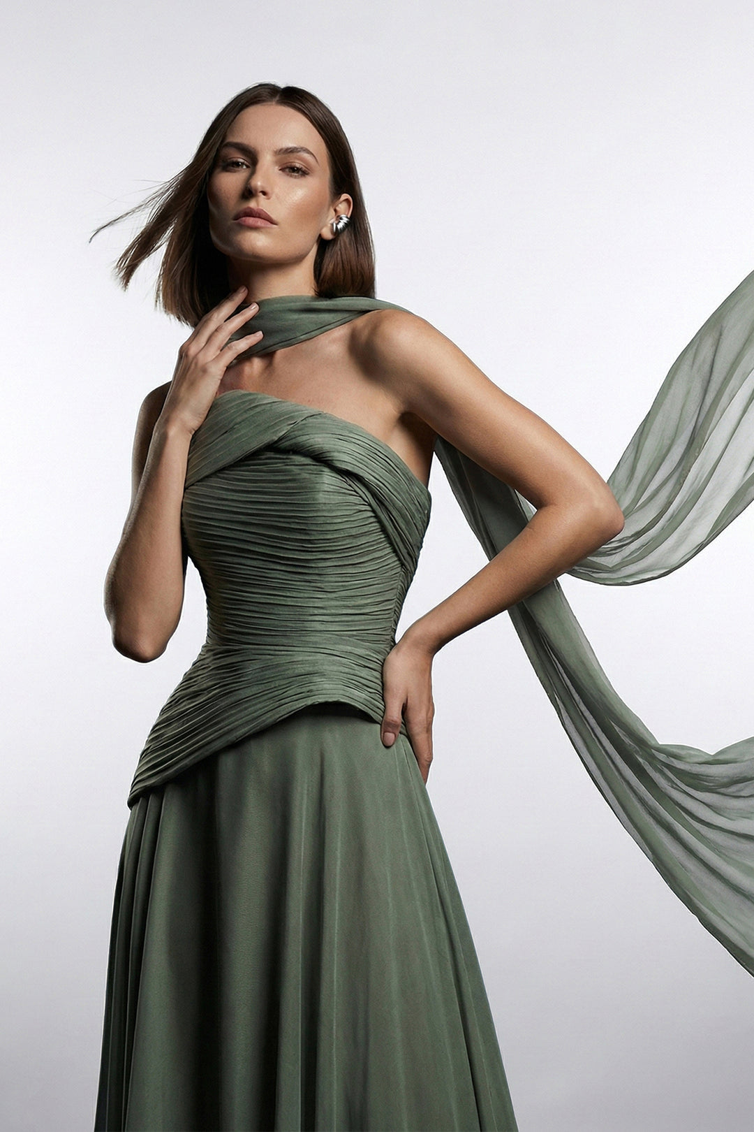 A-Line Long Dress with Cape Scarf