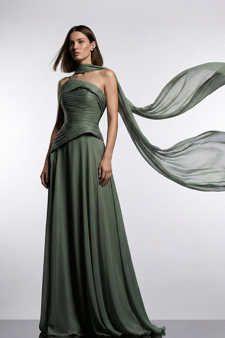 A-Line Long Dress with Cape Scarf