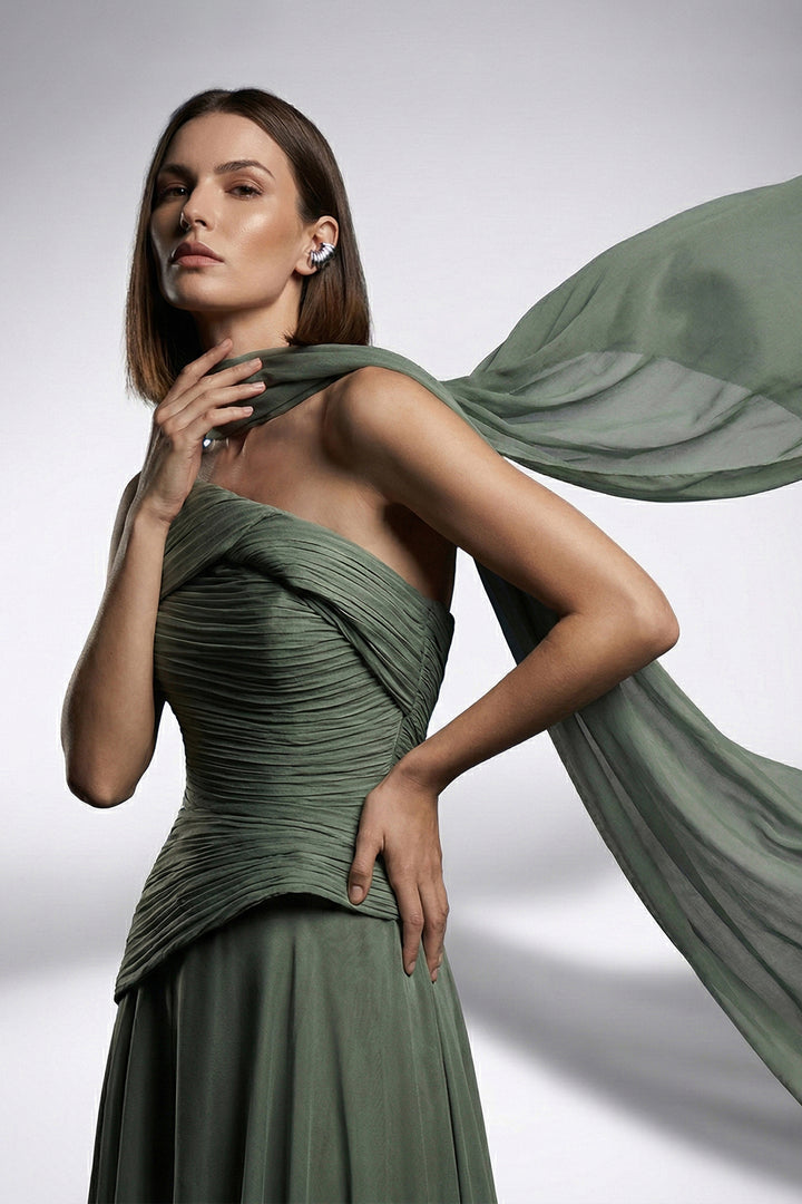 A-Line Long Dress with Cape Scarf