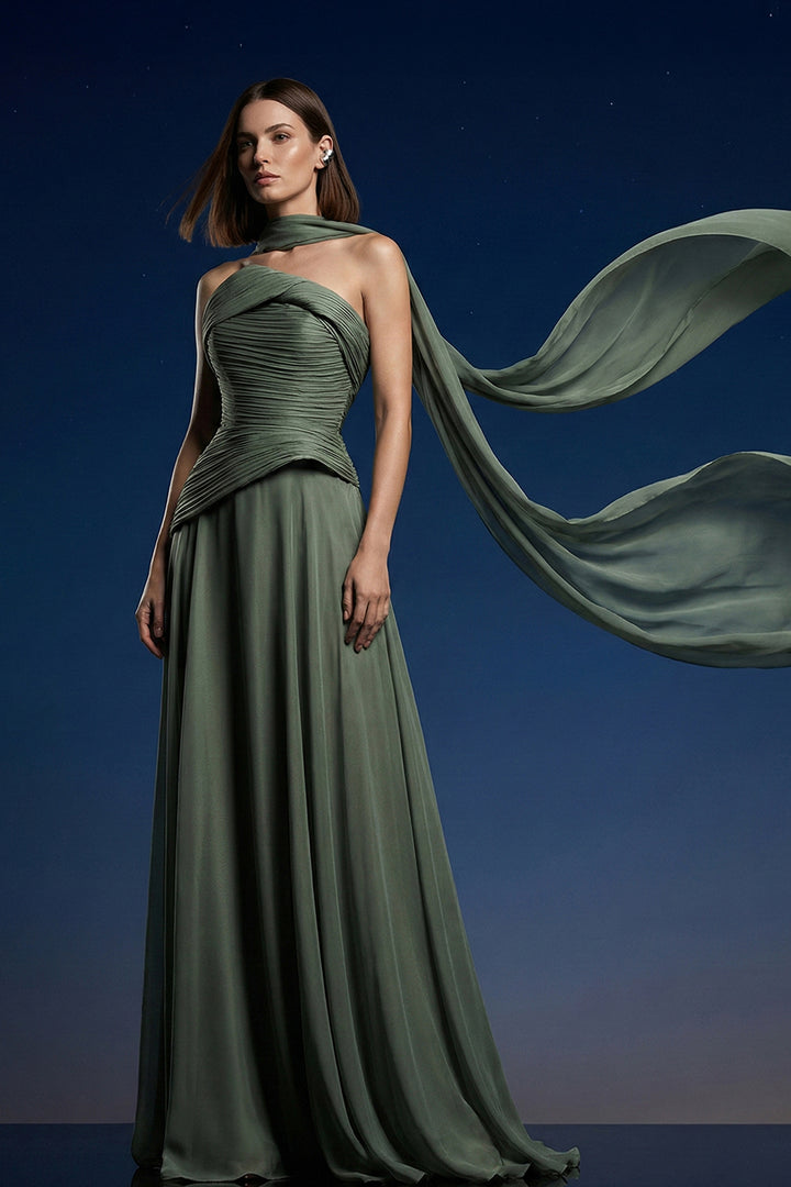 A-Line Long Dress with Cape Scarf