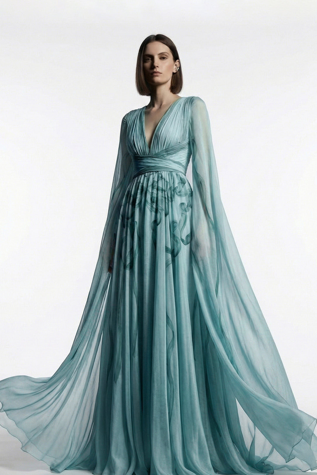 A-Line Floor-Length Dress with Cape Overlay