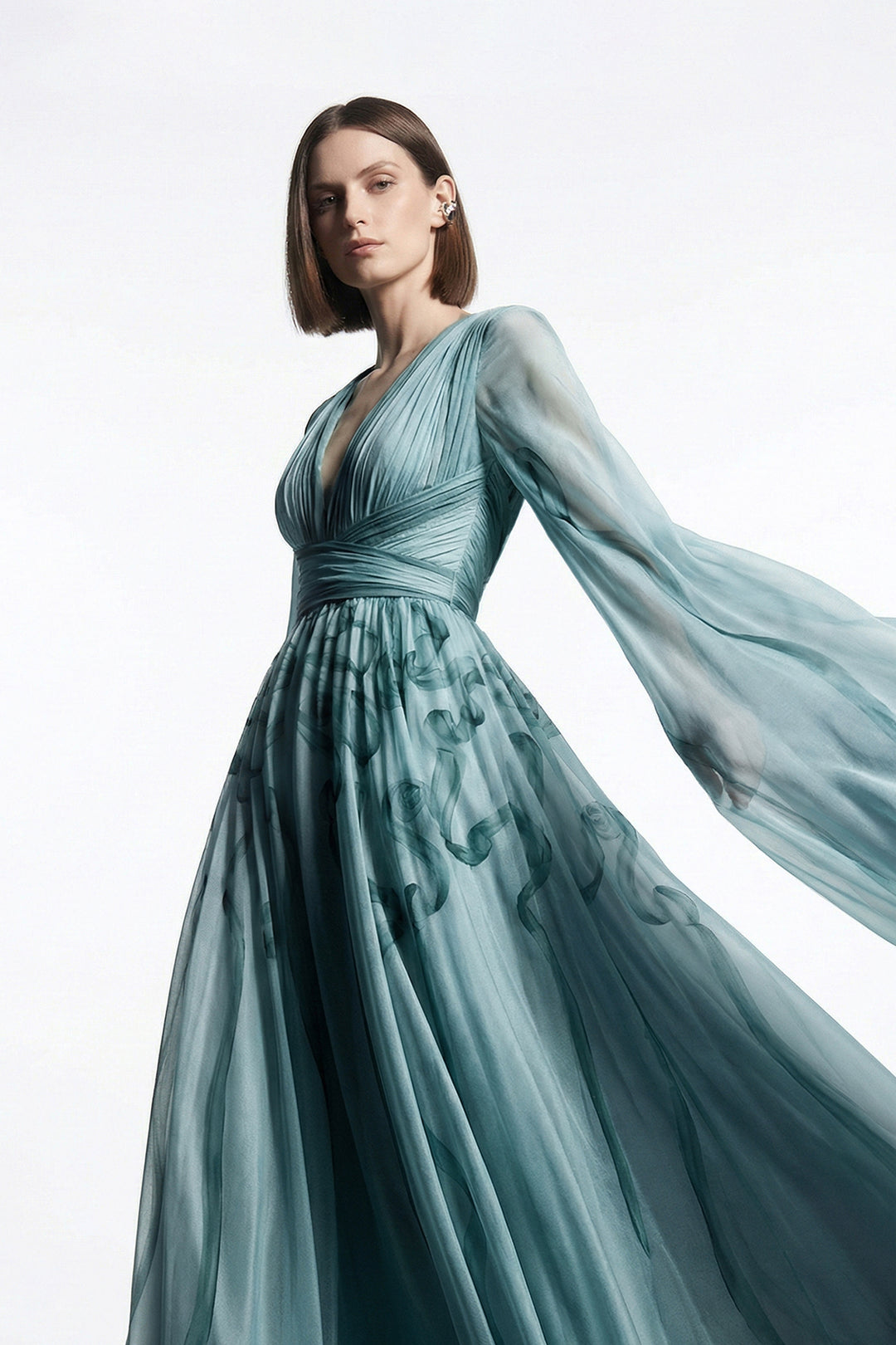 A-Line Floor-Length Dress with Cape Overlay