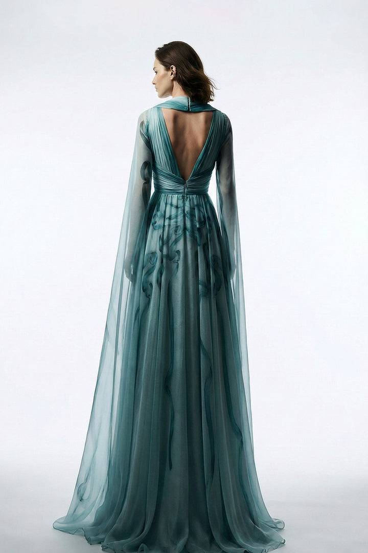A-Line Floor-Length Dress with Cape Overlay