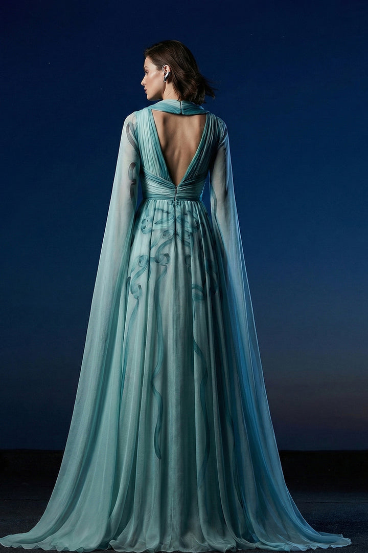 A-Line Floor-Length Dress with Cape Overlay