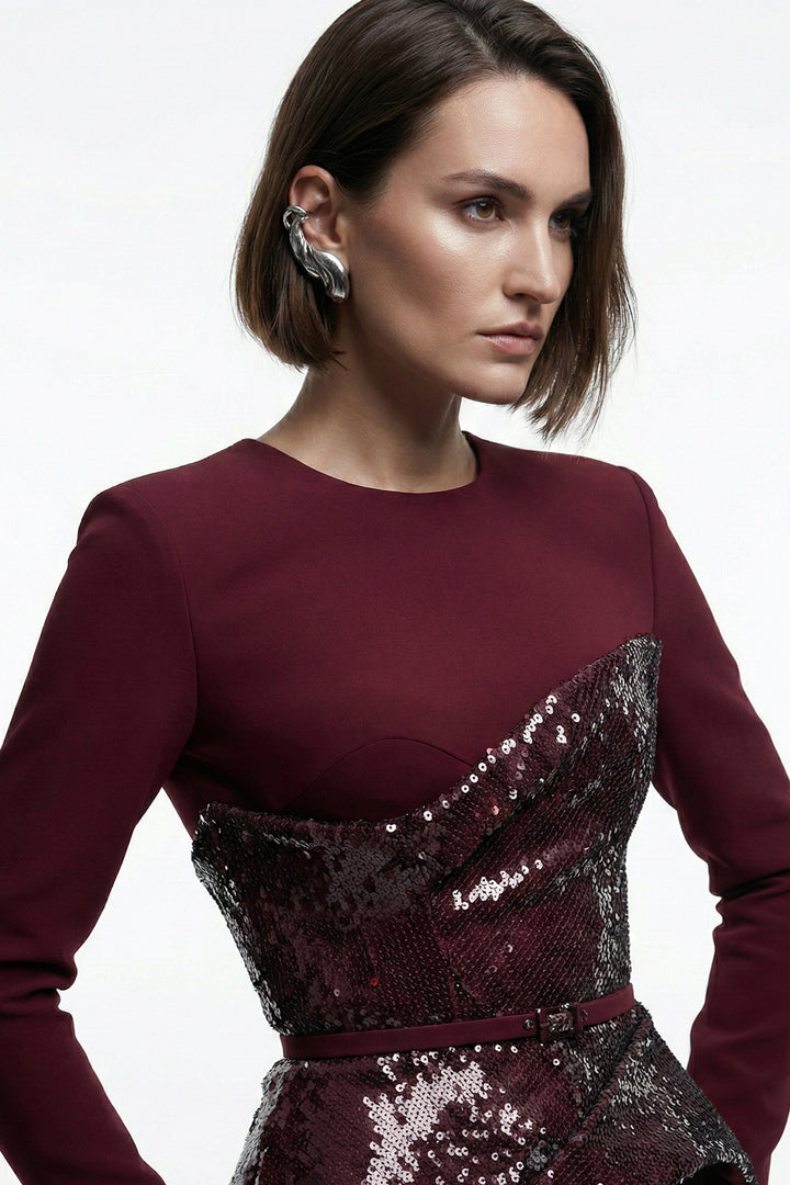 Floor-Length Column Dress with Peplum Overlay