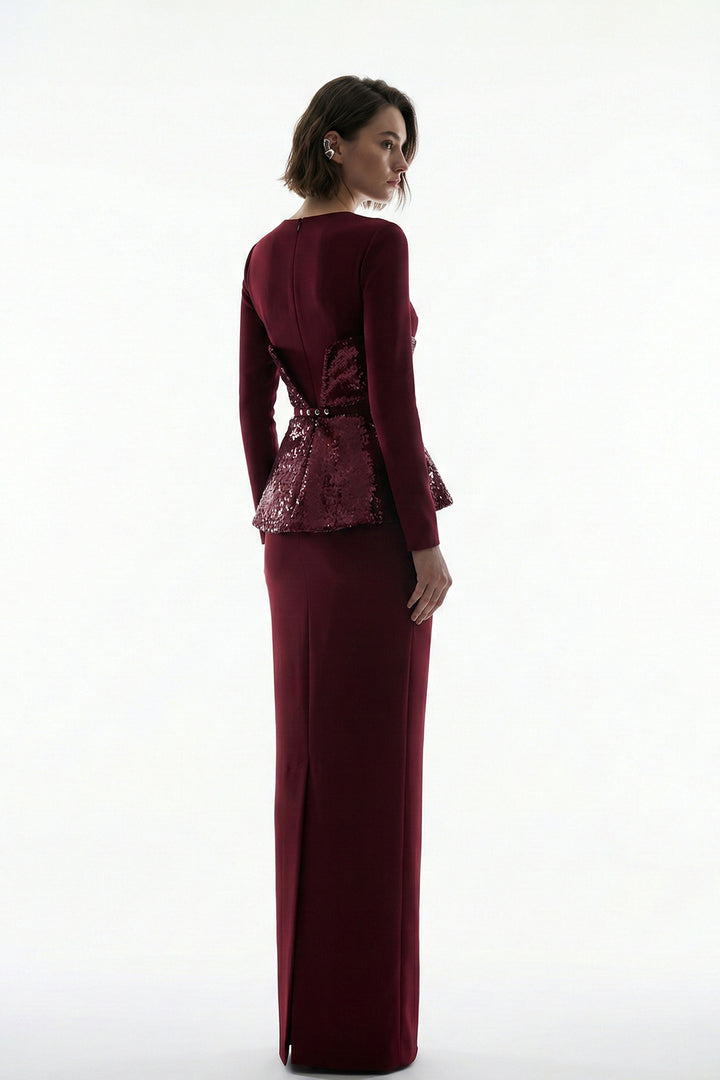 Floor-Length Column Dress with Peplum Overlay