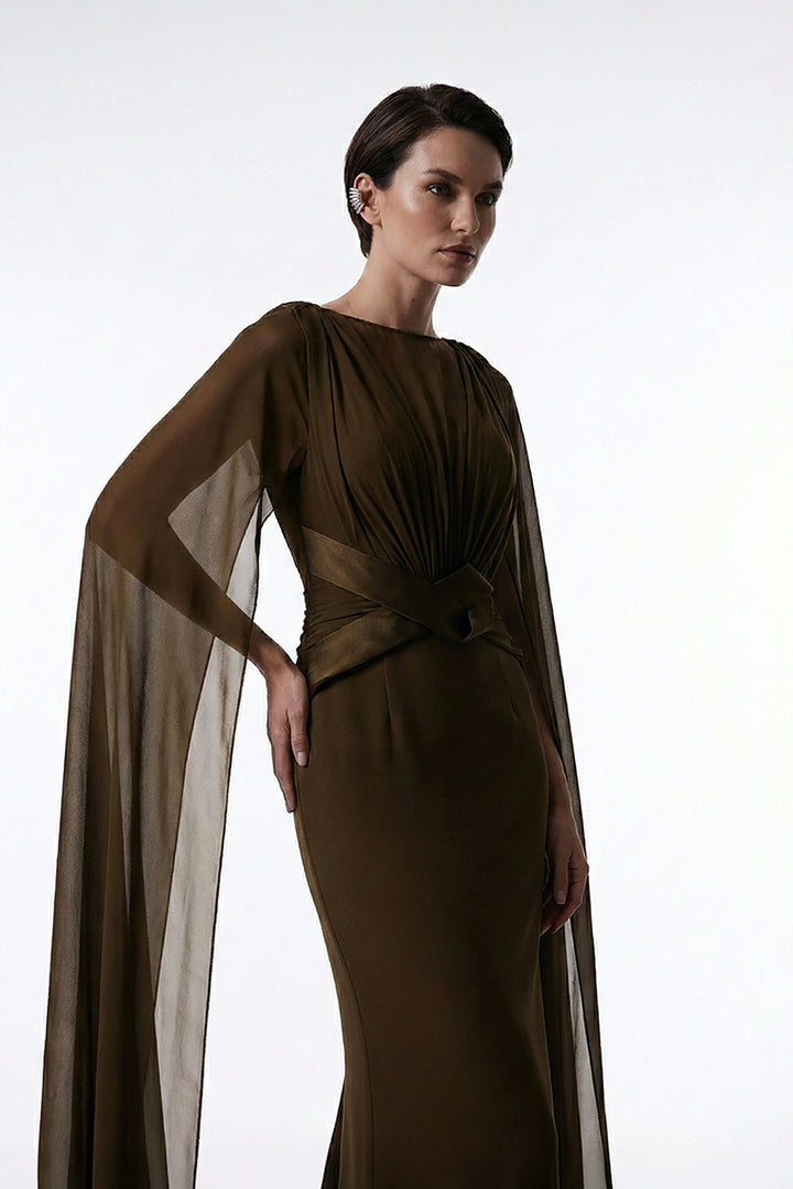 Crepe Floor-Length Dress with Cape Sleeves