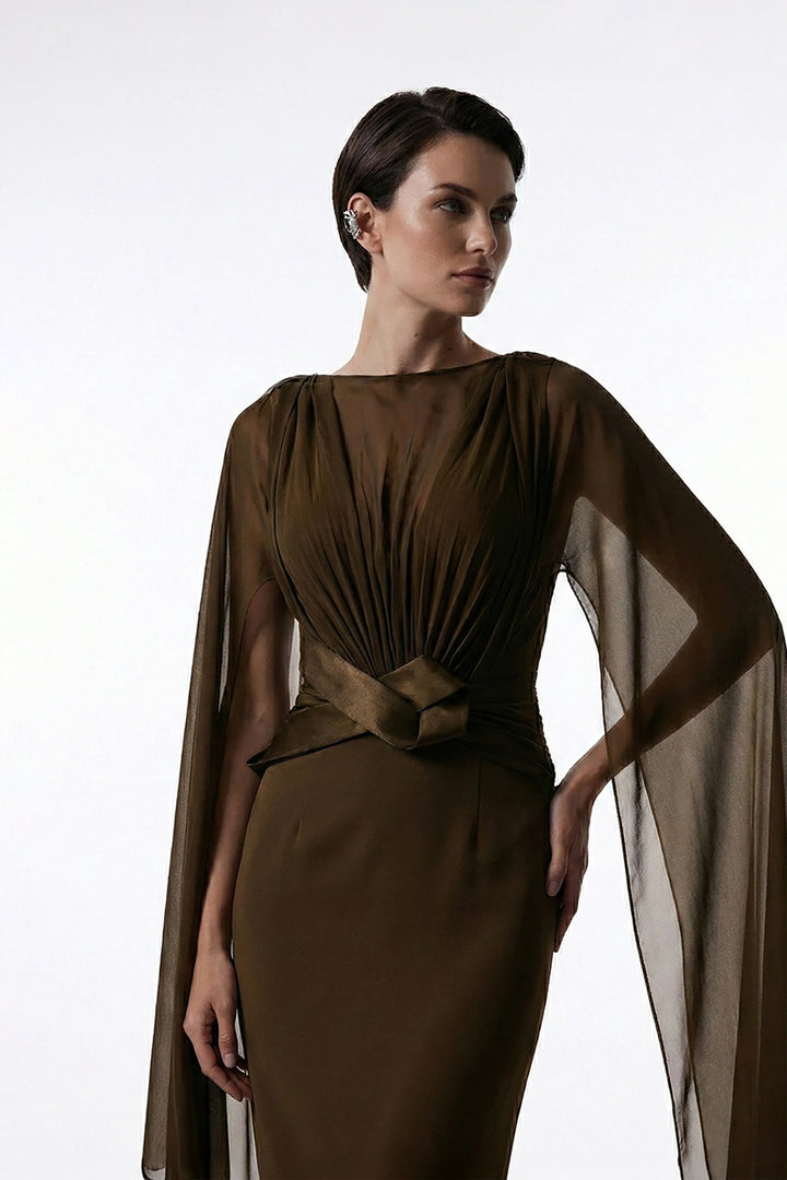 Crepe Floor-Length Dress with Cape Sleeves