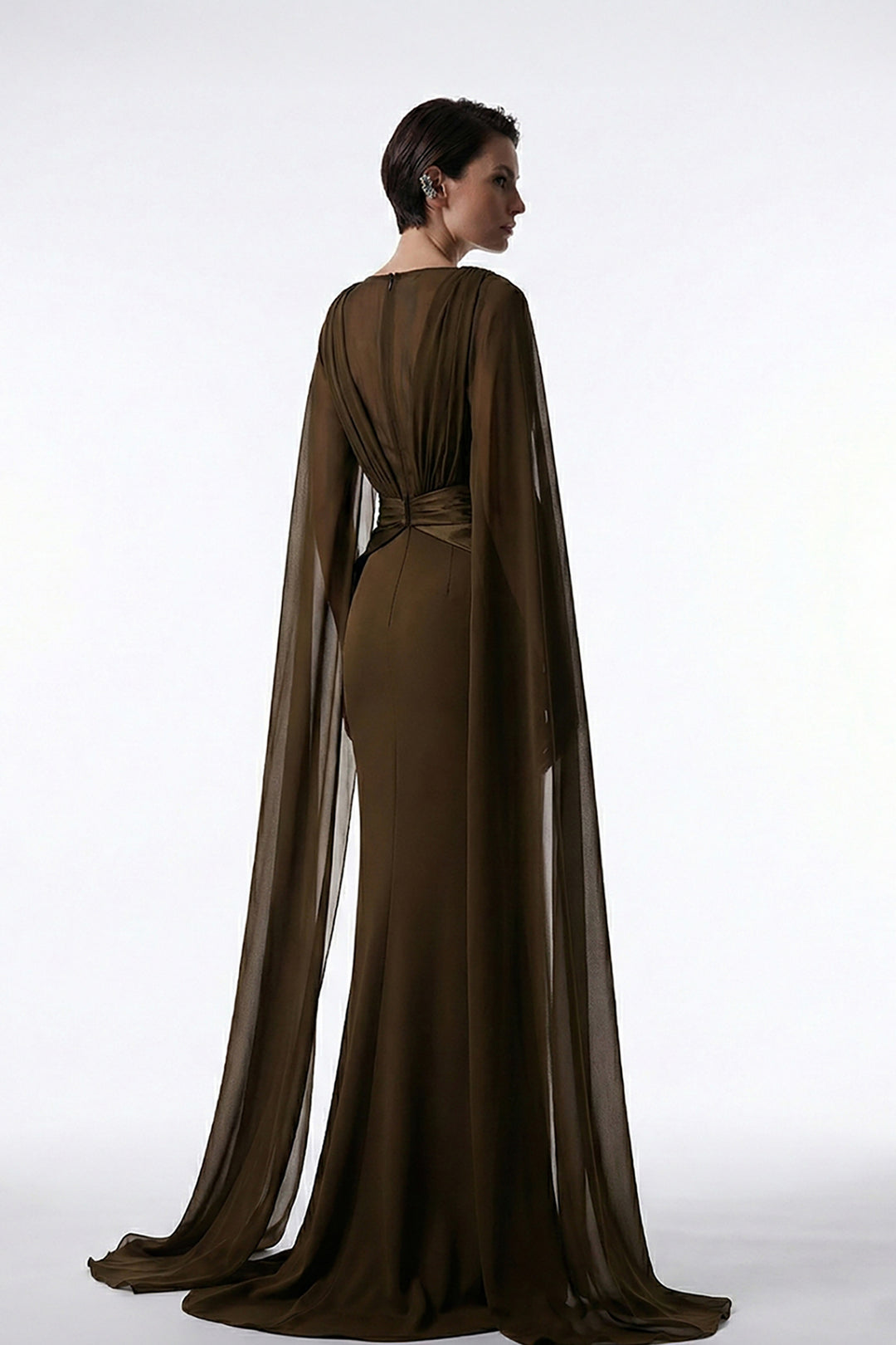 Crepe Floor-Length Dress with Cape Sleeves