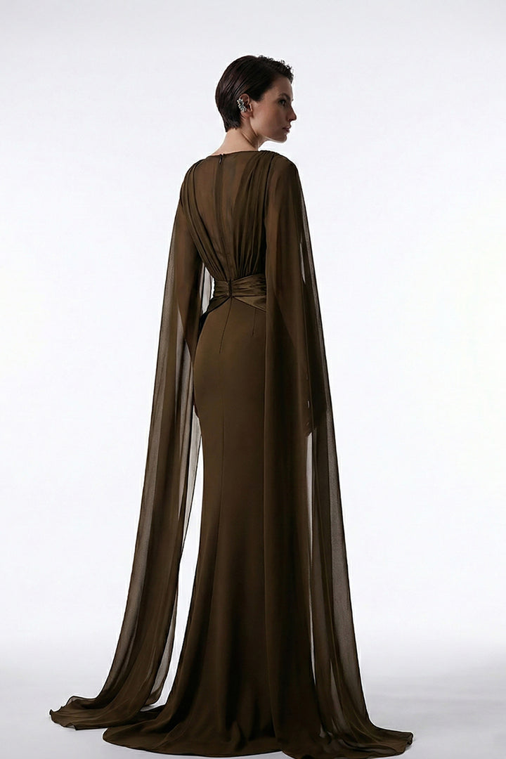 Crepe Floor-Length Dress with Cape Sleeves