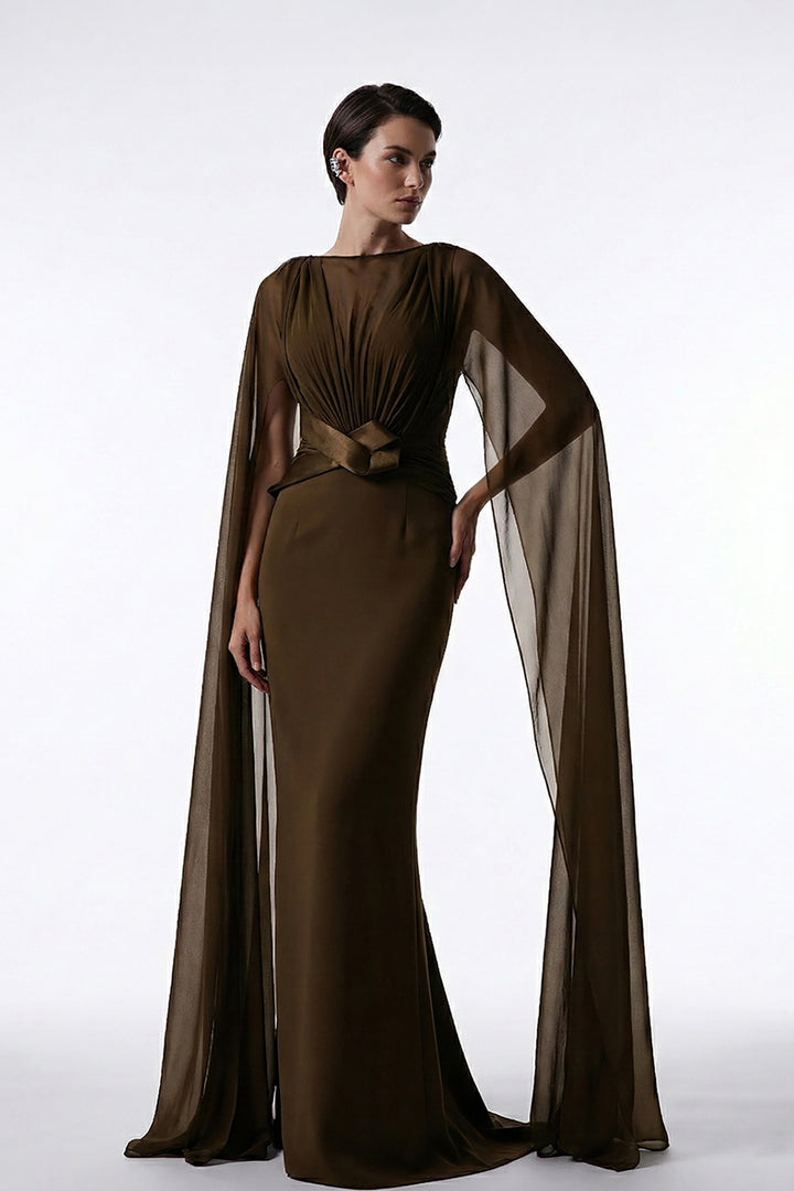 Crepe Floor-Length Dress with Cape Sleeves