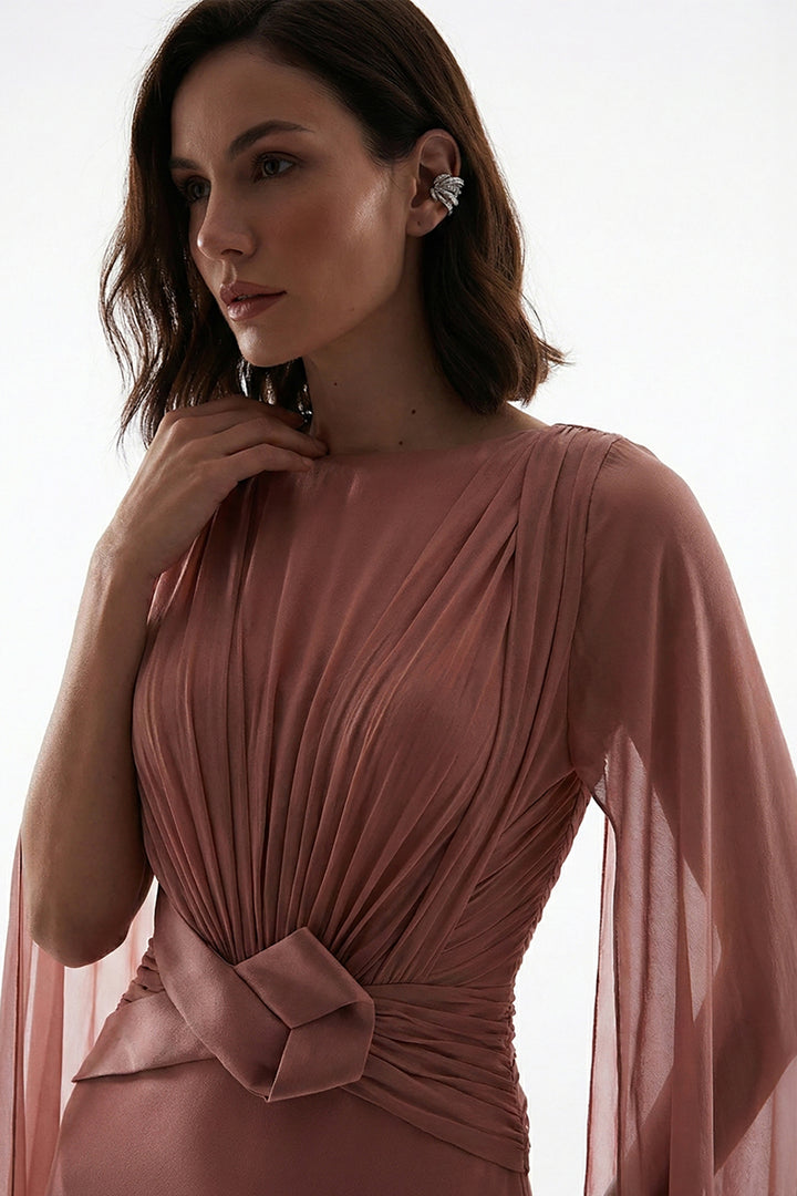 Crepe Floor-Length Dress with Cape Sleeves