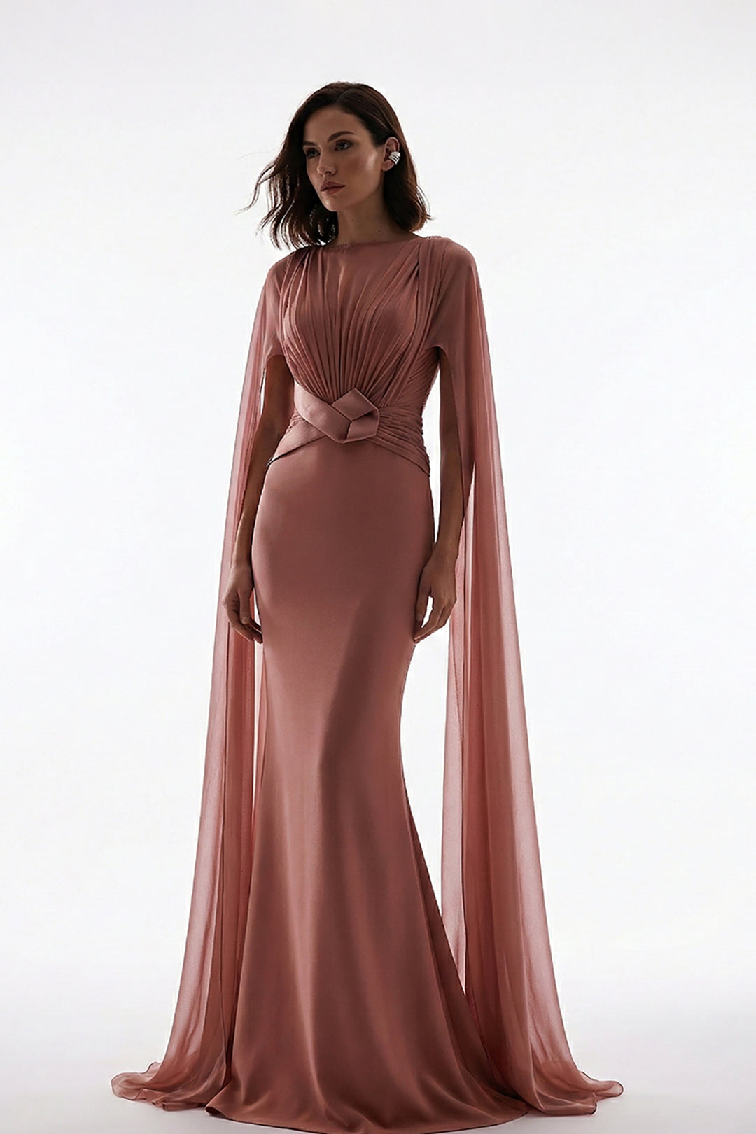 Crepe Floor-Length Dress with Cape Sleeves
