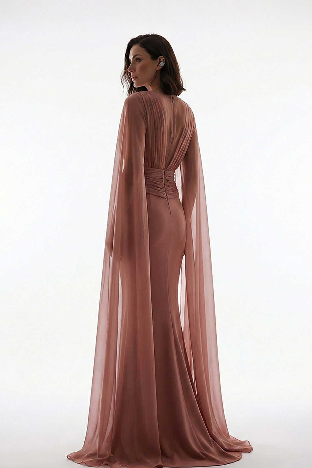 Crepe Floor-Length Dress with Cape Sleeves