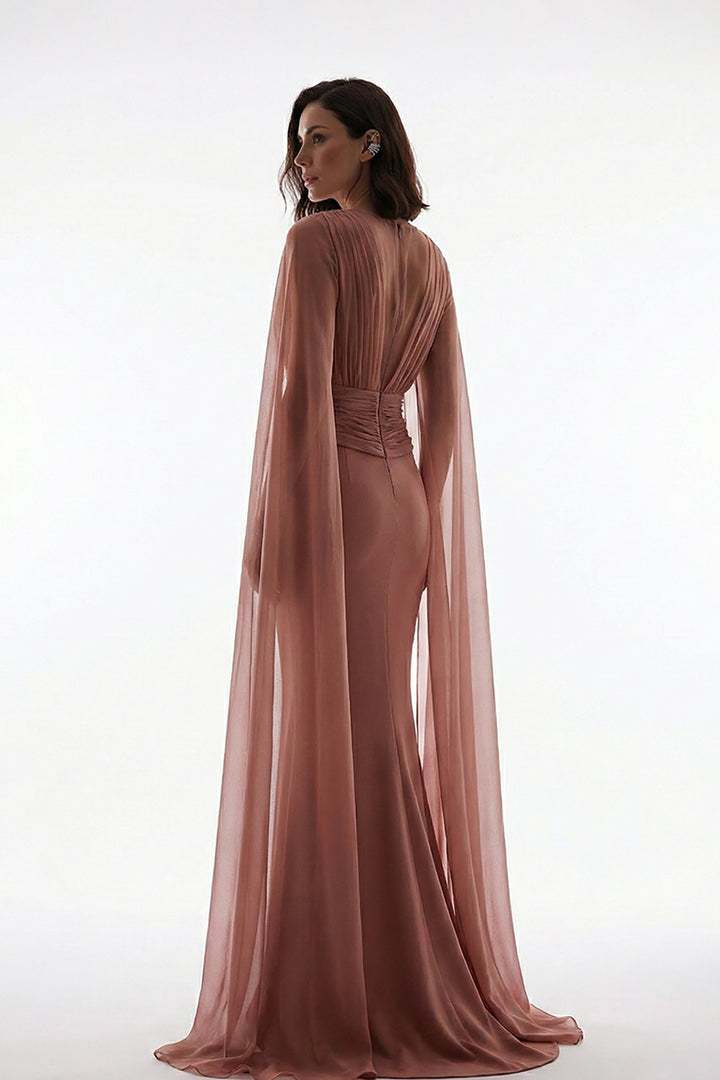 Crepe Floor-Length Dress with Cape Sleeves