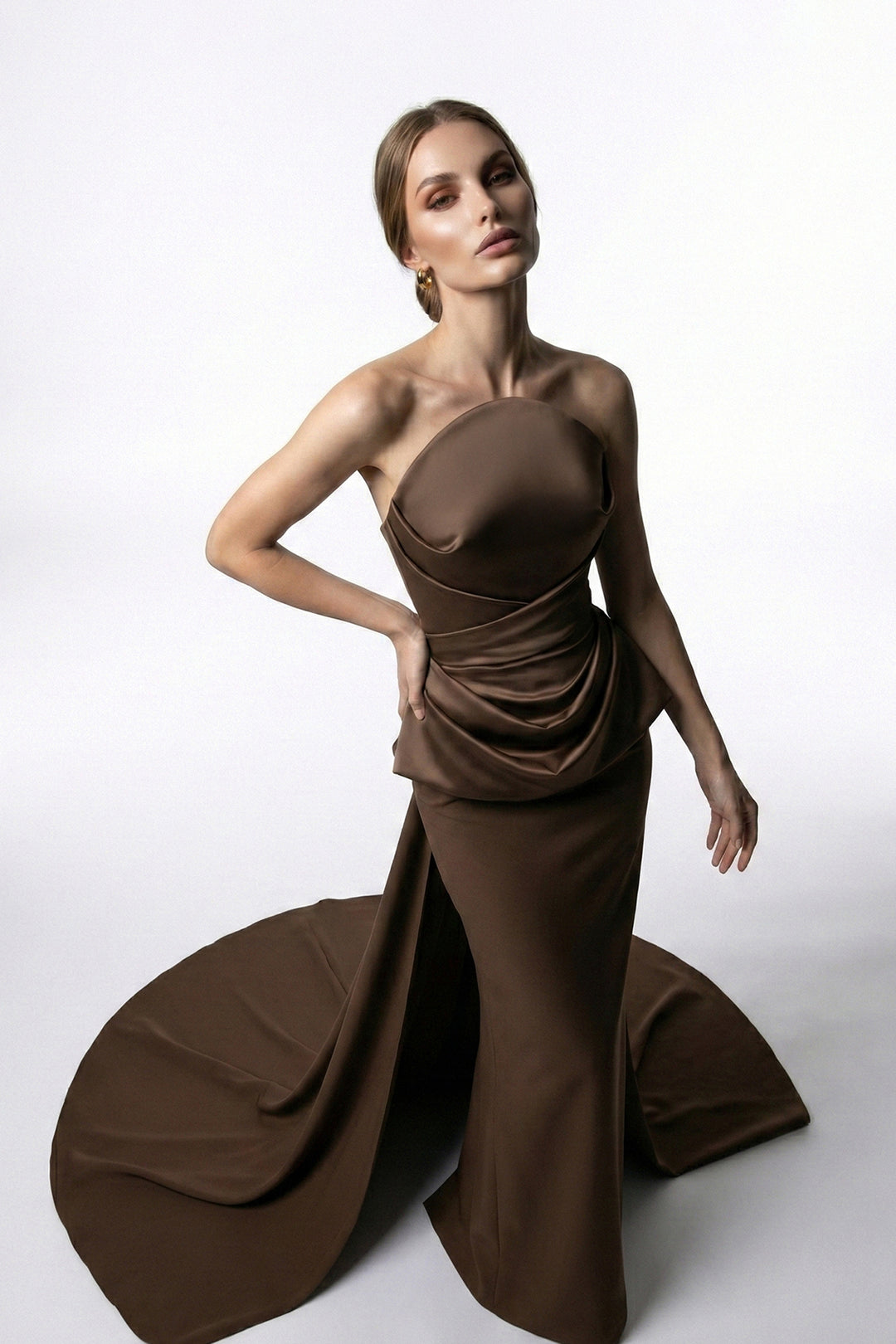 Floor-Length Dress with Cape Drape and Sculpted Bodice