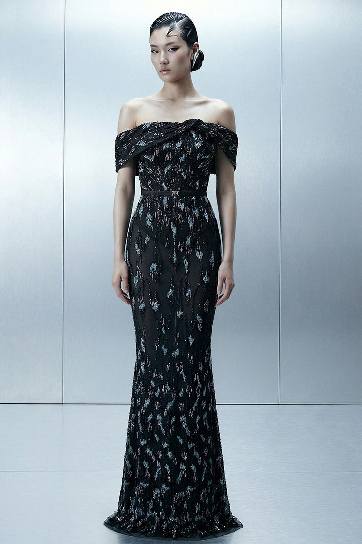 Off-The-Shoulder Draped Mermaid Dress