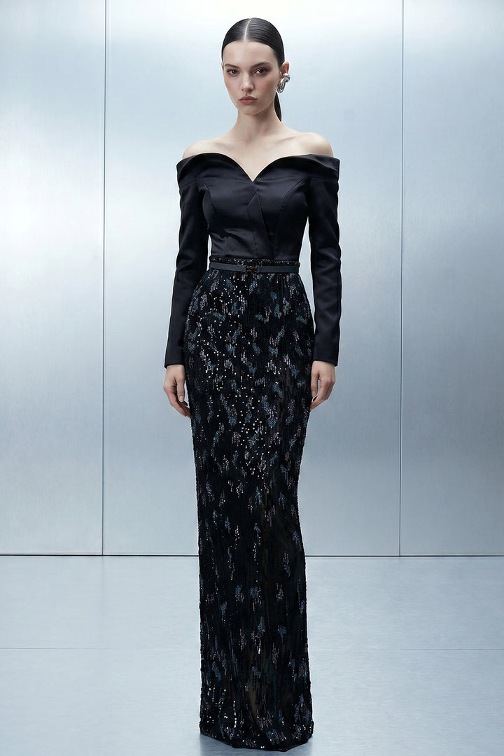 Off-The-Shoulder Portrait-Neckline Column Dress