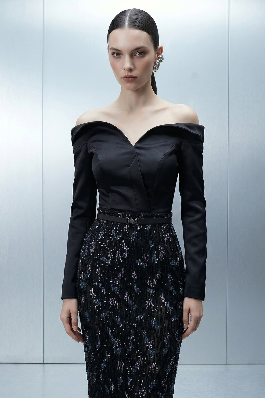 Off-The-Shoulder Portrait-Neckline Column Dress