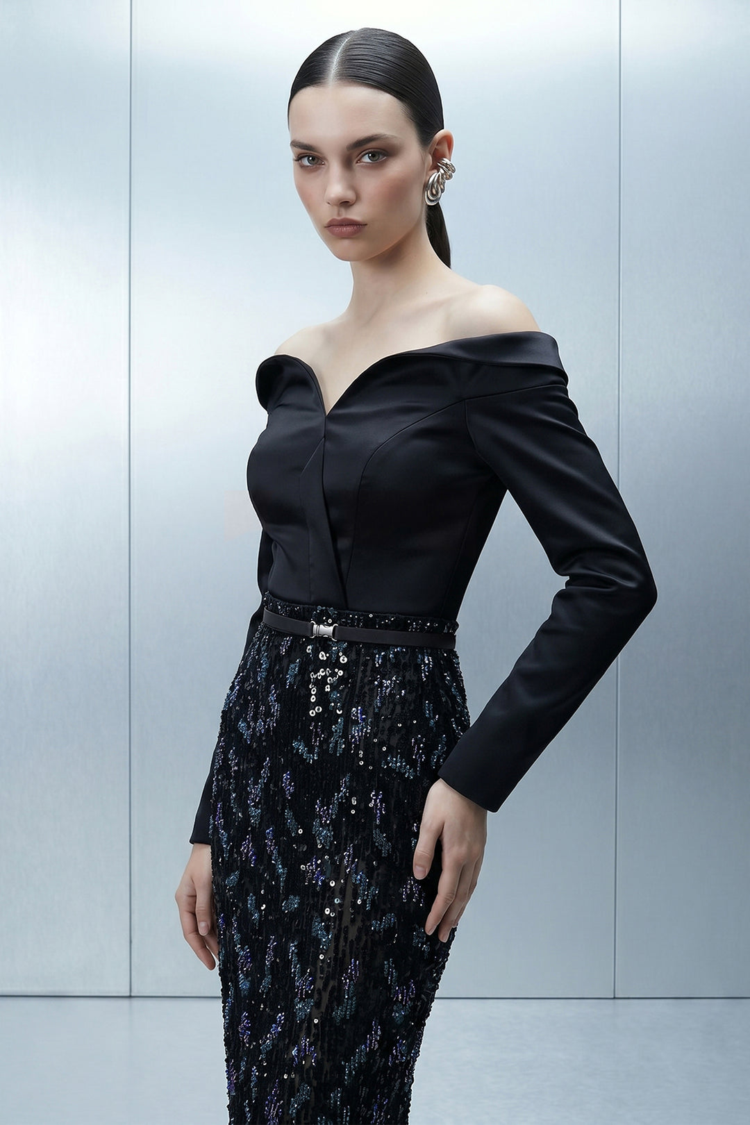 Off-The-Shoulder Portrait-Neckline Column Dress
