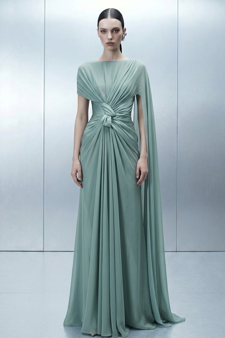 Boat-Neck Draped Dress with Asymmetrical Cape