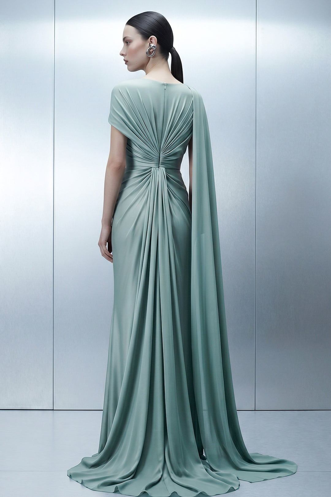 Boat-Neck Draped Dress with Asymmetrical Cape