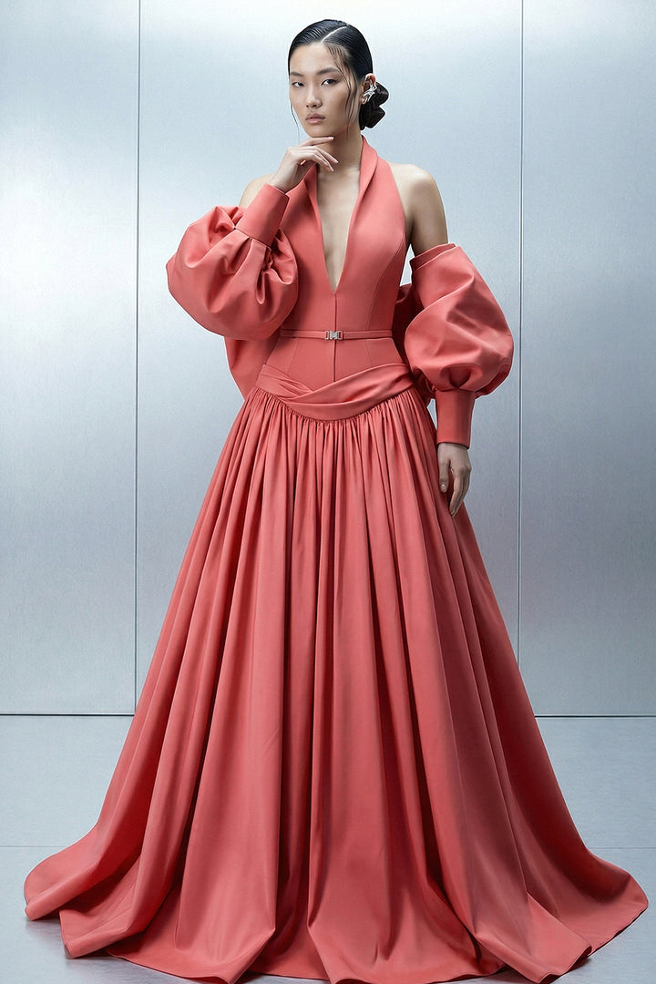 Floor-Length A-Line Dress with Deep V-Neckline