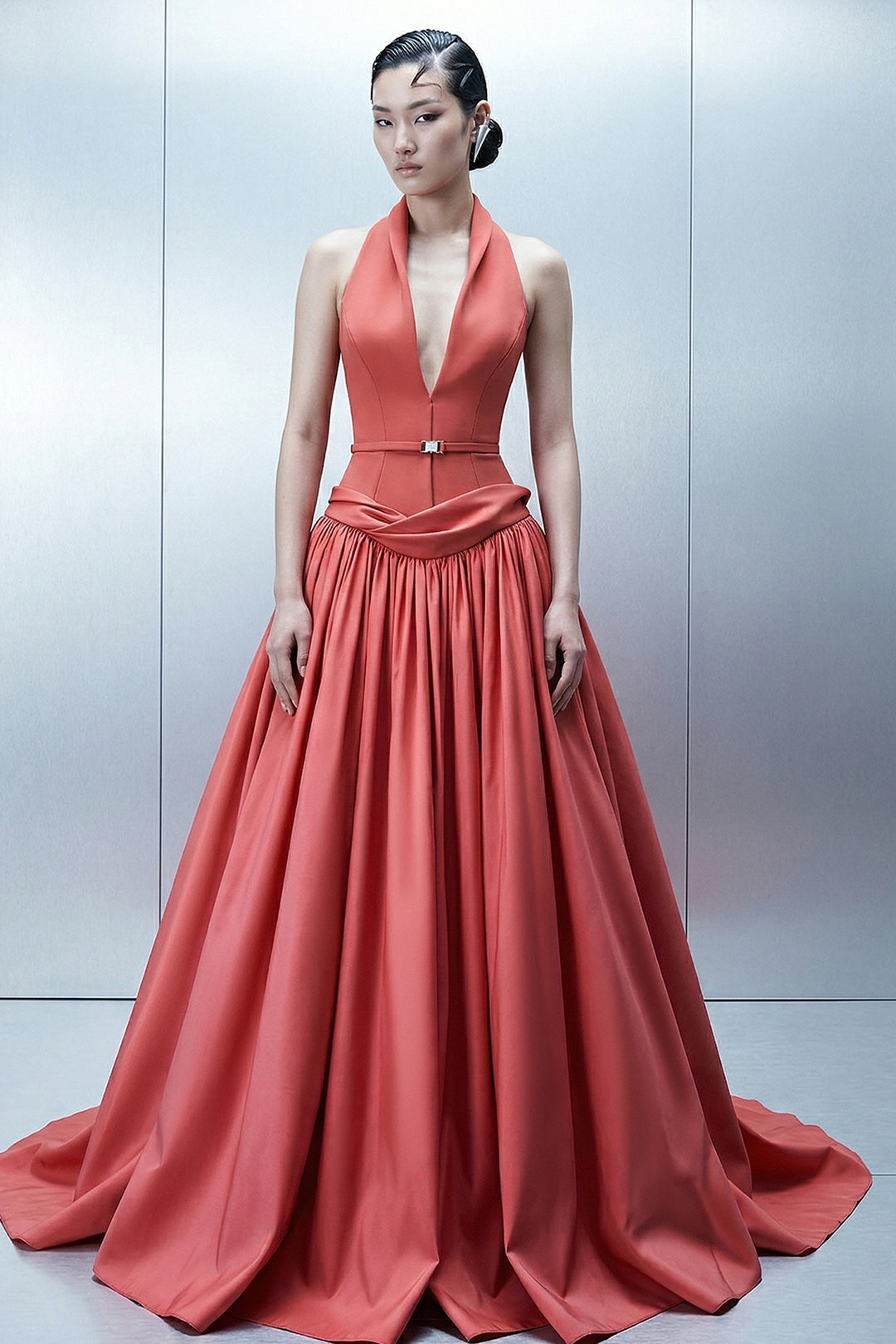 Floor-Length A-Line Dress with Deep V-Neckline