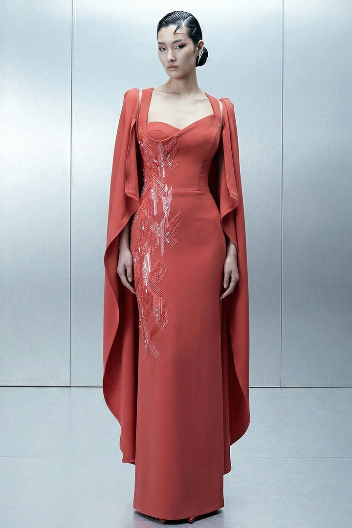 Floor-Length Satin Dress with Draped Cape