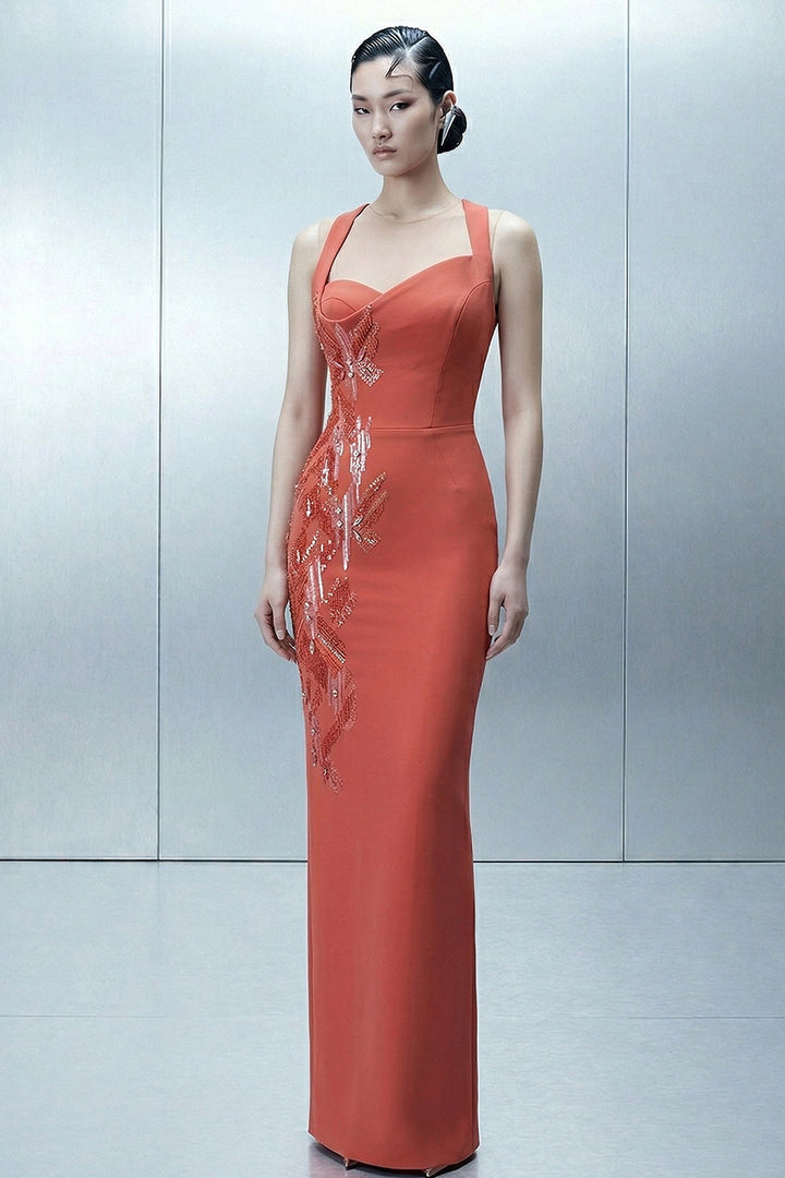 Floor-Length Satin Dress with Draped Cape