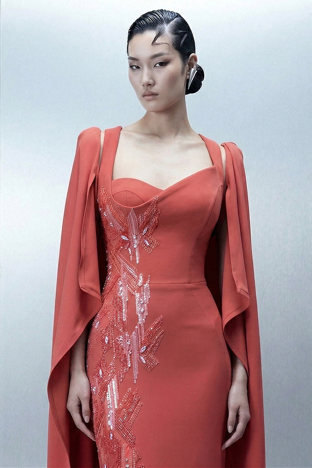 Floor-Length Satin Dress with Draped Cape
