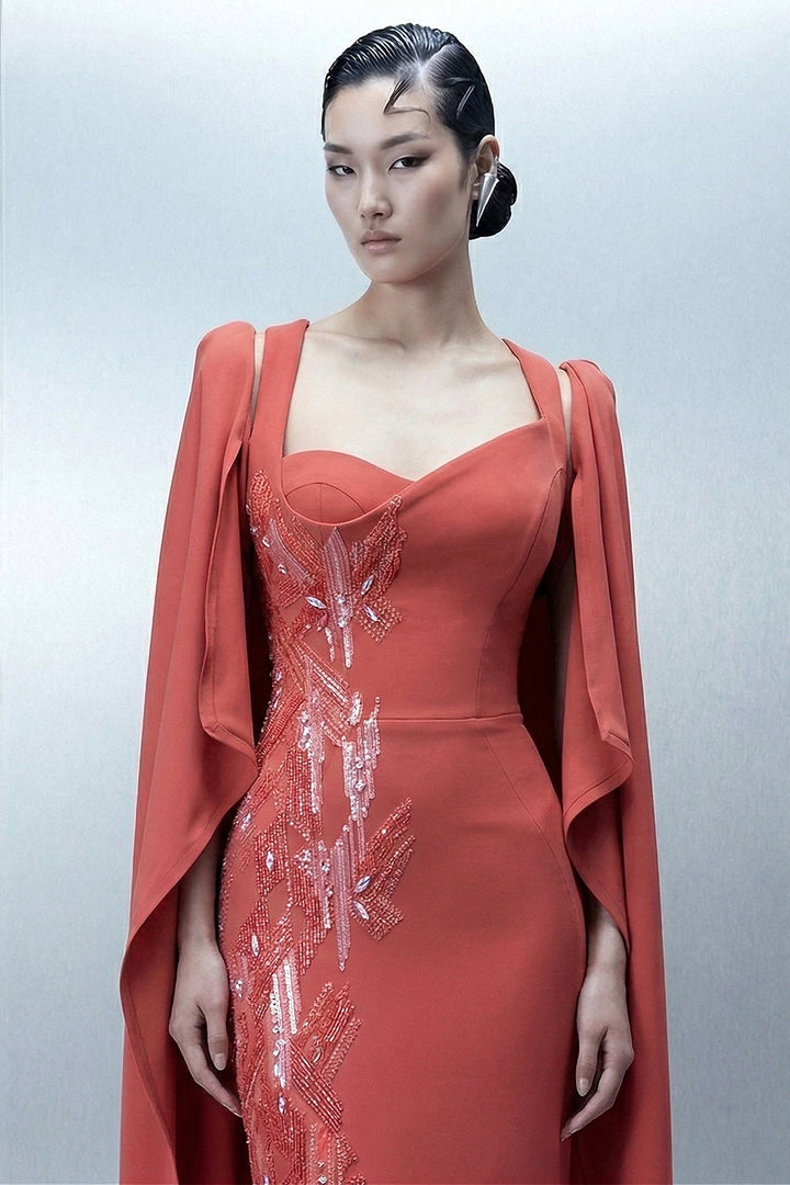 Floor-Length Satin Dress with Draped Cape