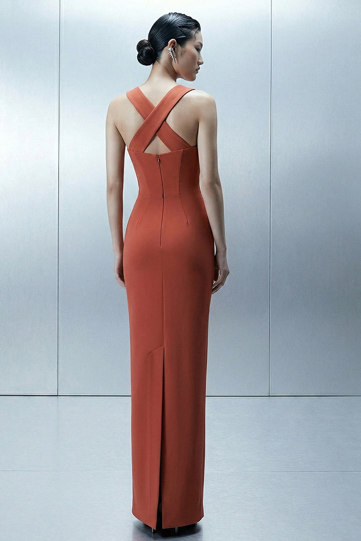 Floor-Length Satin Dress with Draped Cape