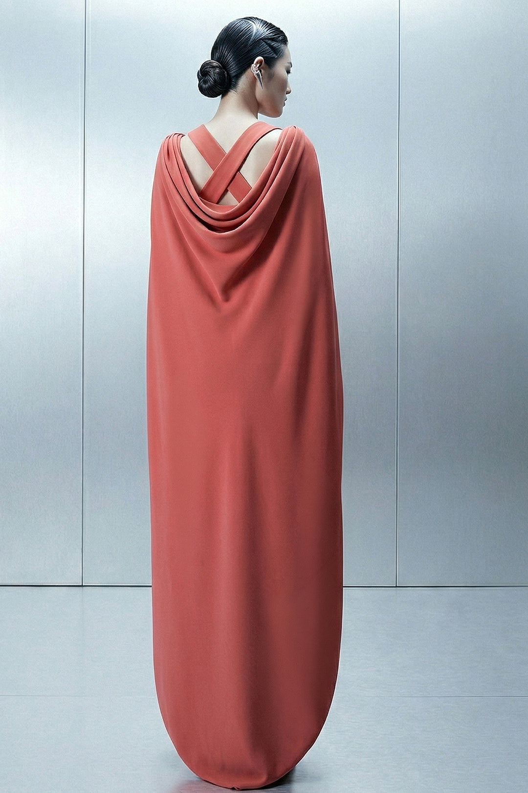 Floor-Length Satin Dress with Draped Cape