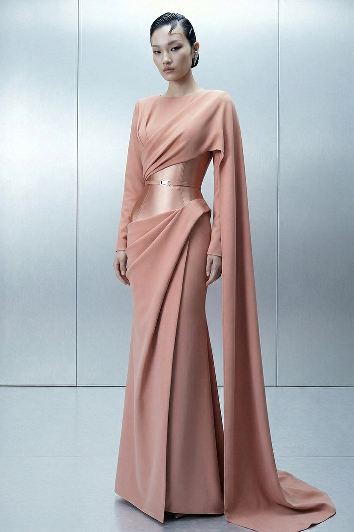 Long Satin Dress with Asymmetrical Draping and Cape