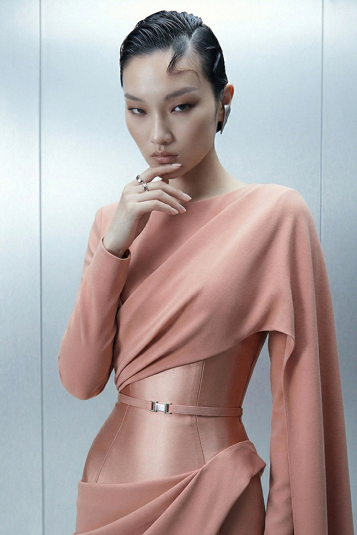 Long Satin Dress with Asymmetrical Draping and Cape