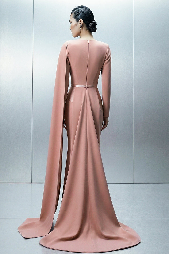 Long Satin Dress with Asymmetrical Draping and Cape