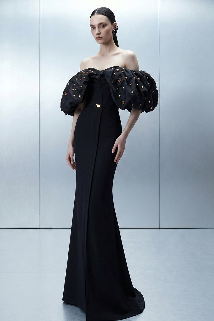 Deep-Cut Halter A-Line Dress with Shimmer Tulle Skirt