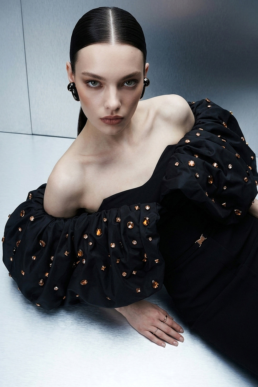 Deep-Cut Halter A-Line Dress with Shimmer Tulle Skirt