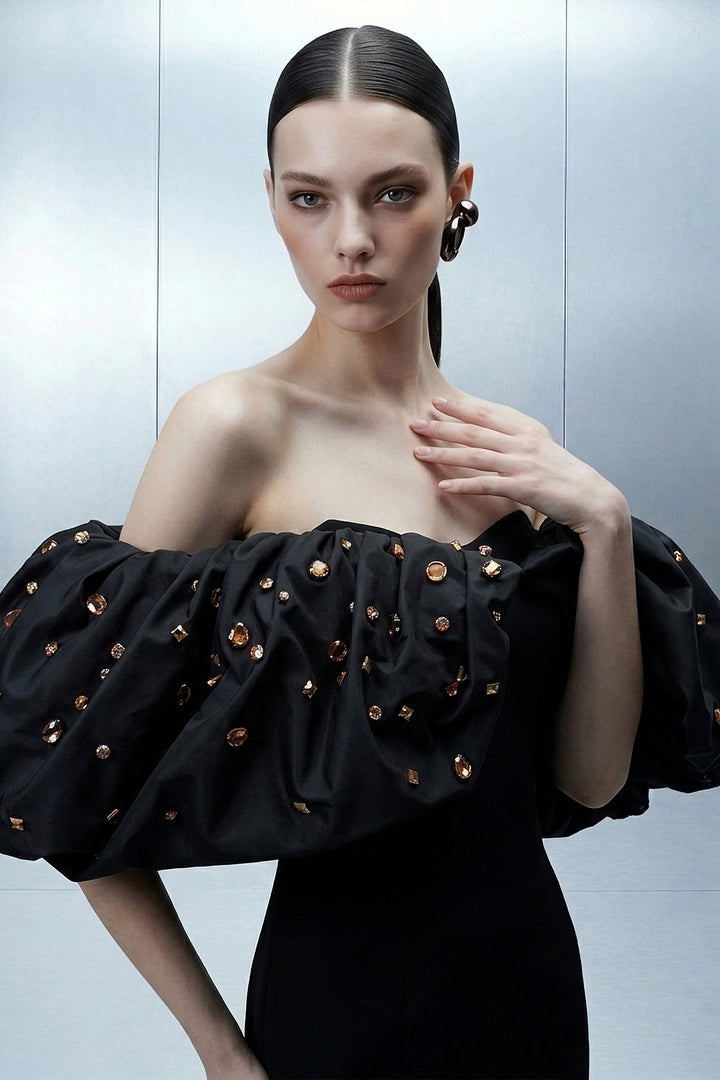 Deep-Cut Halter A-Line Dress with Shimmer Tulle Skirt