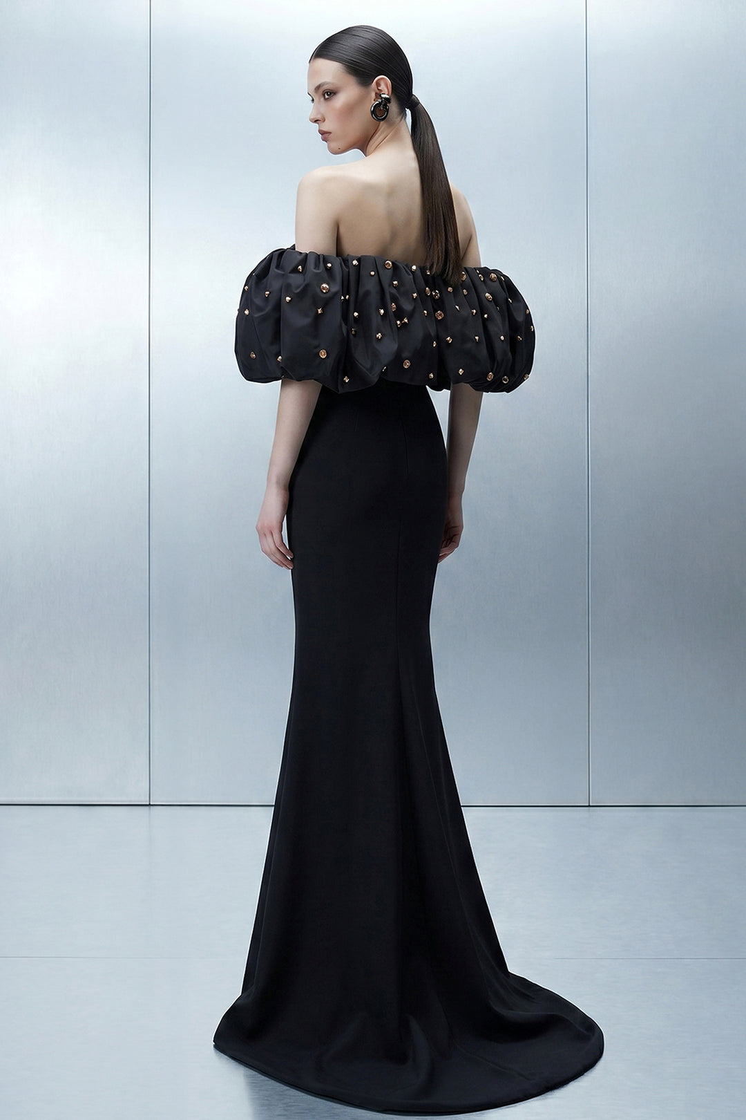 Deep-Cut Halter A-Line Dress with Shimmer Tulle Skirt