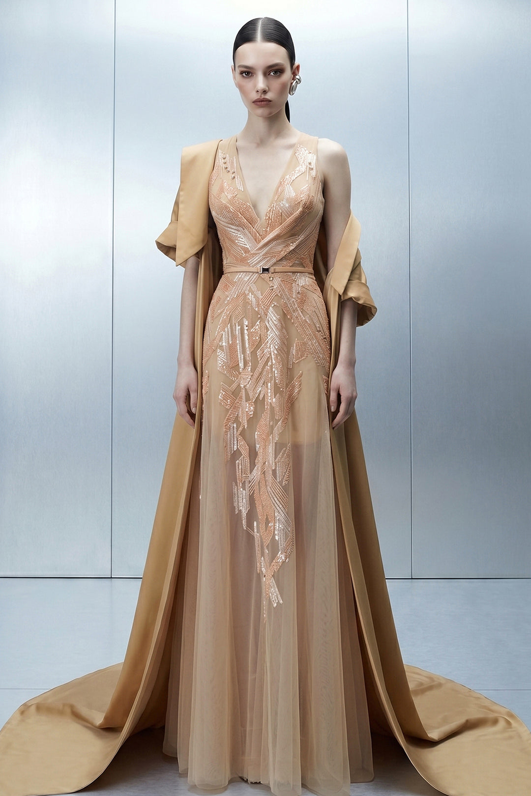 Geometric Embroidered Tulle Dress with Sweeping Coat