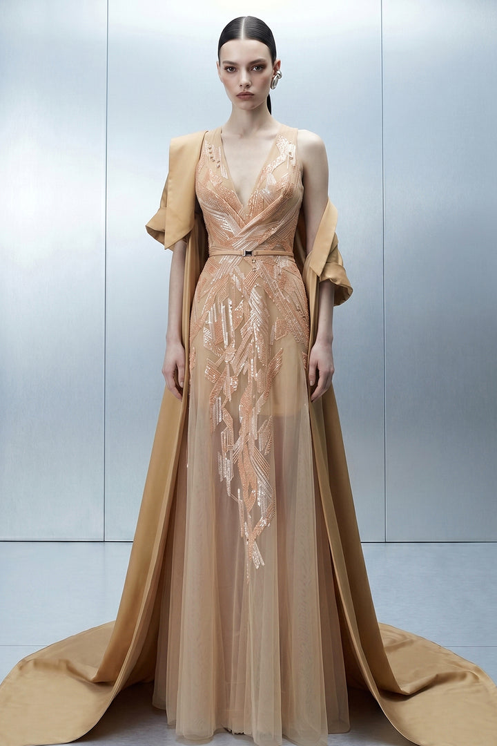 Geometric Embroidered Tulle Dress with Sweeping Coat