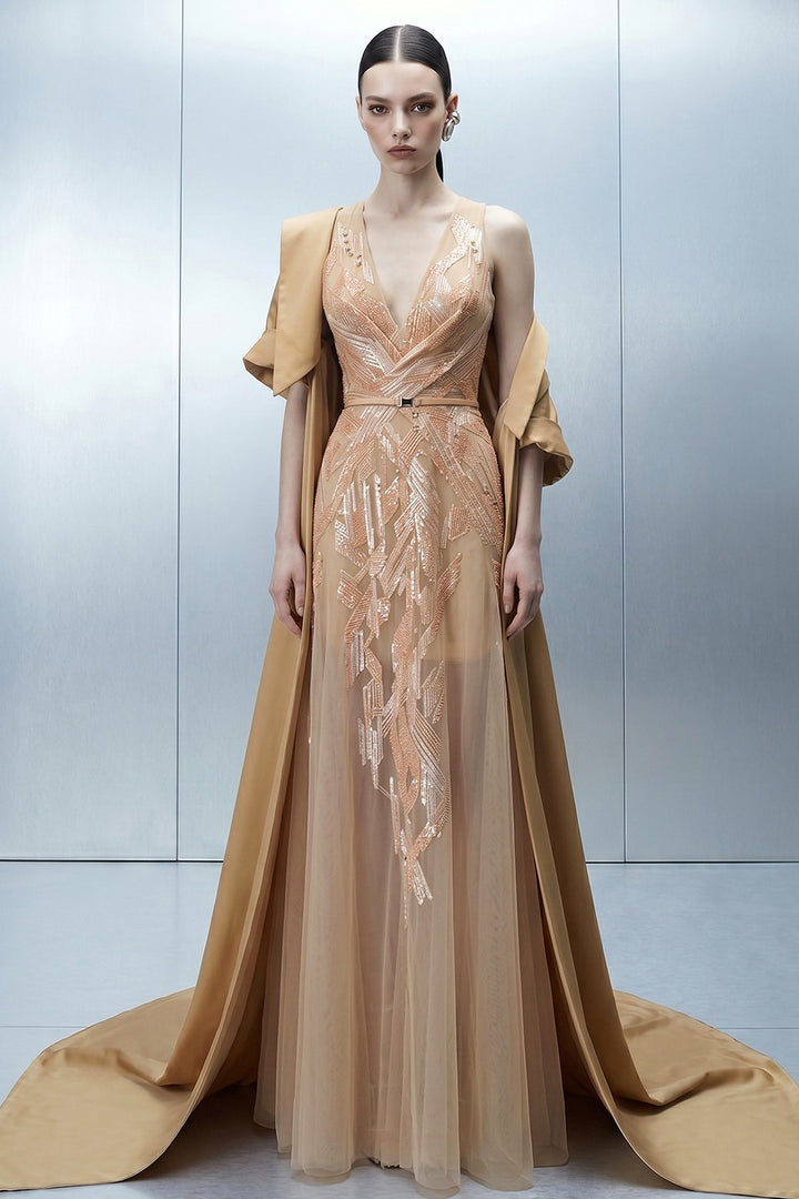 Embellished V-Neck Dress with Shoulder Cape