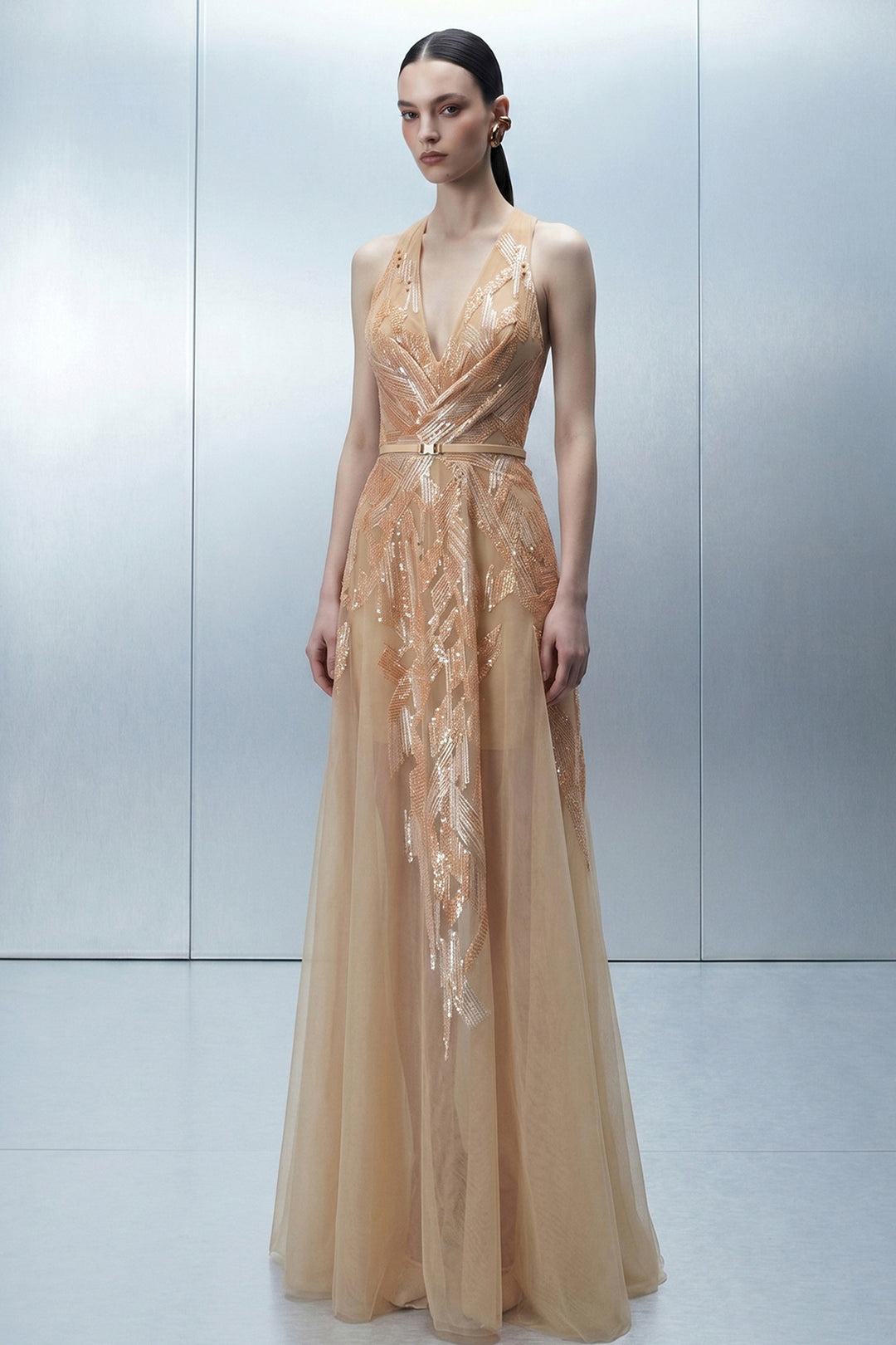 Geometric Embroidered Tulle Dress with Sweeping Coat
