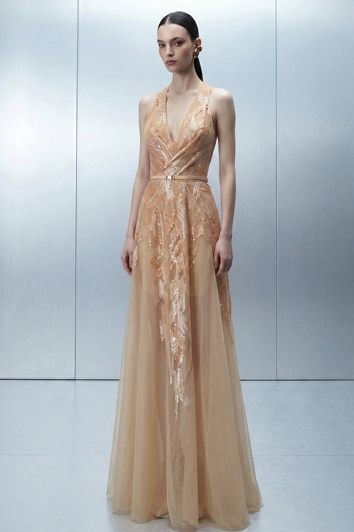 Geometric Embroidered Tulle Dress with Sweeping Coat