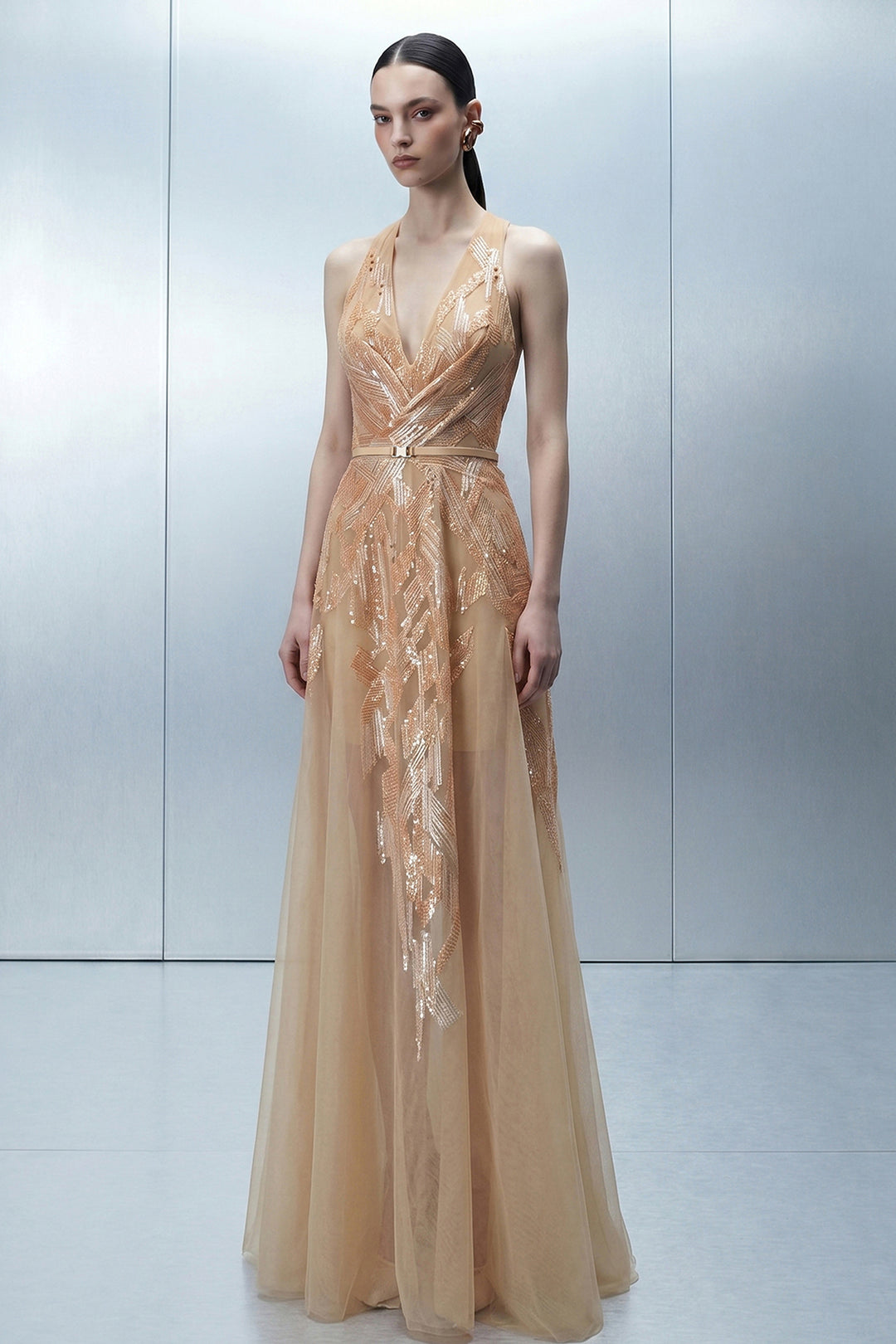 Embellished V-Neck Dress with Shoulder Cape