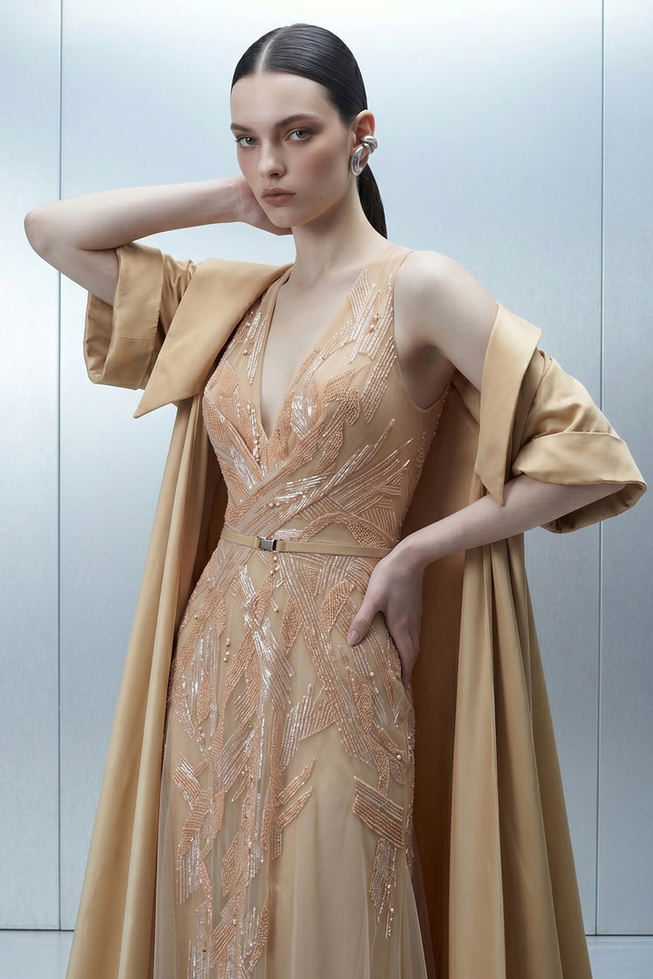 Geometric Embroidered Tulle Dress with Sweeping Coat