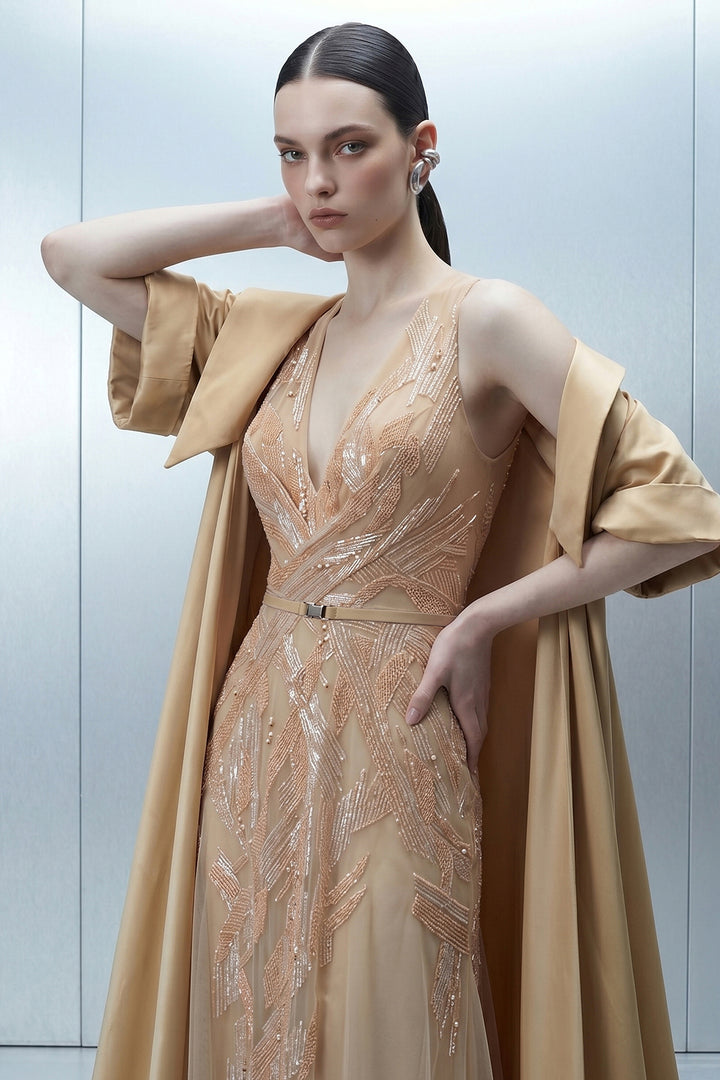 Embellished V-Neck Dress with Shoulder Cape