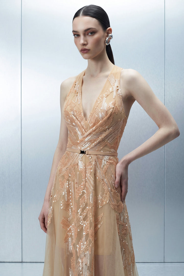 Geometric Embroidered Tulle Dress with Sweeping Coat